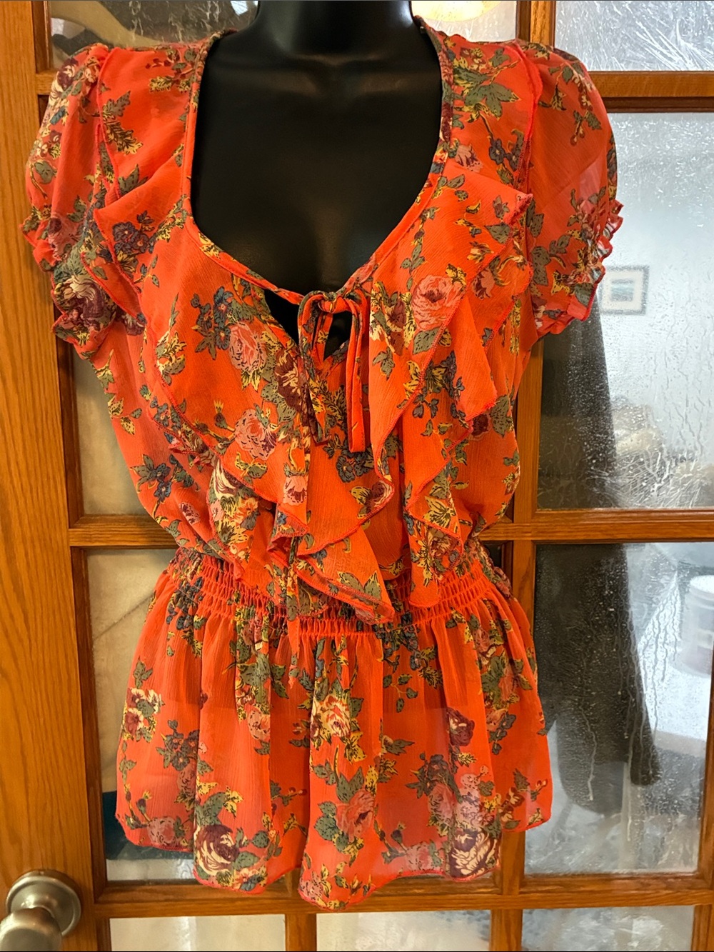 Poetry Coral Floral Ruffle Tie-Front Blouse
